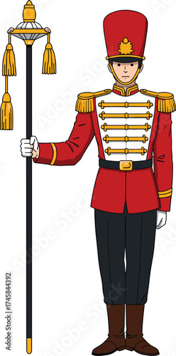 Ceremonial military uniform, red coat, gold epaulettes, honor guard, parade attire, formal costume, traditional staff, official event, soldier, ceremony