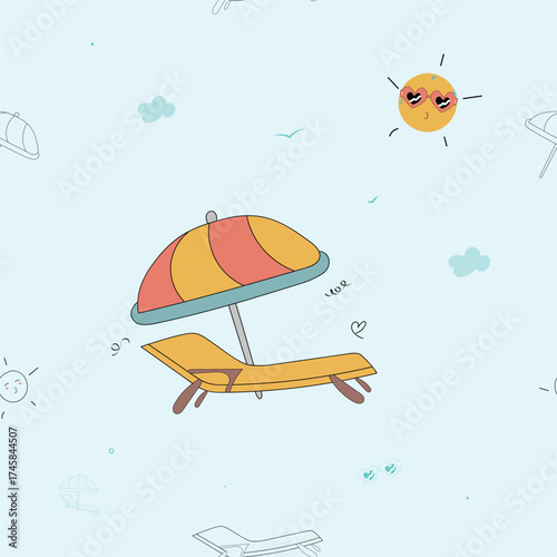Seamless hand-drawn beach lounger and sun umbrella pattern on light blue background