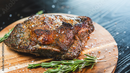 A beautifully presented, whole roasted leg of lamb, perfectly cooked and resting on a wooden board. Garnished with fresh rosemary and herbs, this succulent centerpiece is ideal for a festive meal or c