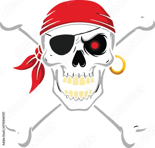 Pirate skull illustration, red bandana, glowing eye, eye patch, gold earring, crossed bones, Halloween art, spooky cartoon, adventure theme
