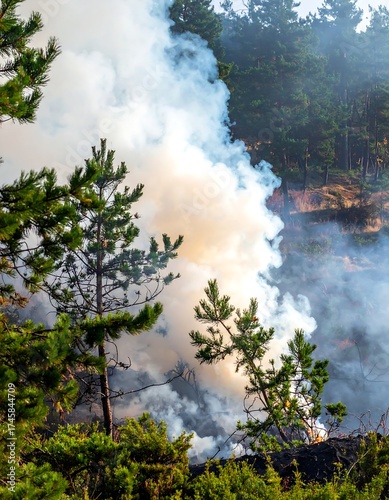 Smoke billows from a wildfire engulfing a forest