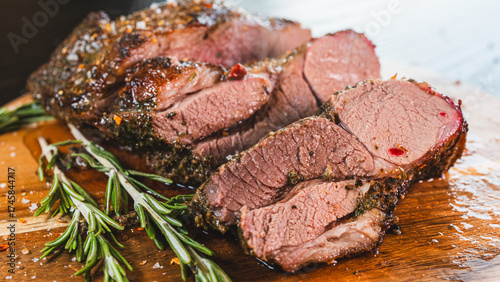 Freshly sliced, succulent roasted leg of lamb, releasing tempting steam. Served on a wooden board with aromatic rosemary and herbs, this juicy and perfectly cooked meat is the ultimate hearty meal.