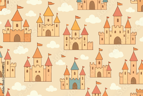 Seamless pattern of charming cartoon castles with flags and clouds on a soft background