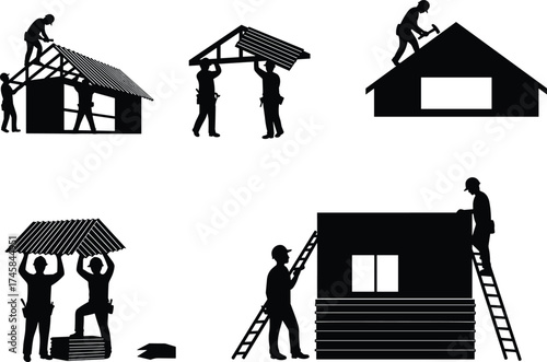 Construction workers, teamwork, house building, roofing, labor, silhouette, teamwork, tools, corrugated sheets, ladders, teamwork, structure, repair, maintenance, framing, siding, teamwork