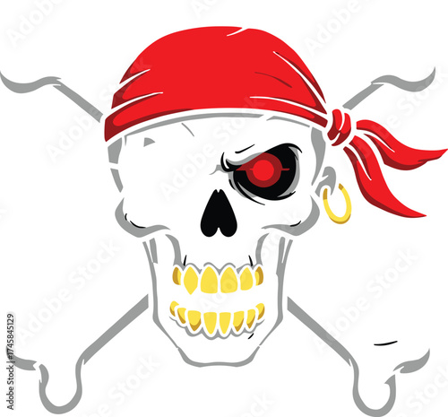 Pirate skull with red bandana, gold teeth, eye patch, hoop earring, crossed bones, rebellious symbol, adventure, danger, sea icon