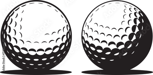 Two black and white golf balls with dimples and shadows sport game