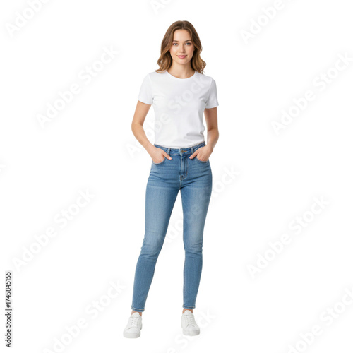 Confident young woman showcasing casual style with a classic white tee and fitted denim jeans, ready for any modern lifestyle scenario.