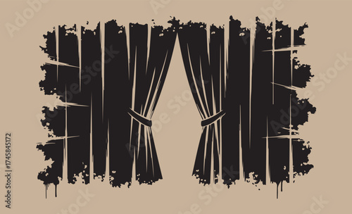 Abstract black curtains with a distressed textured effect on a beige background