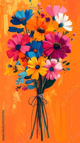 Vibrant bouquet of colorful flowers tied with twine against an orange backdrop