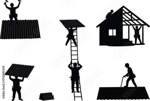 Roofing, construction, silhouette, workers, corrugated, metal, ladder, teamwork, hammer, drill, house, frame, labor, install, repair, safety, tools, structure, building, jobsite
