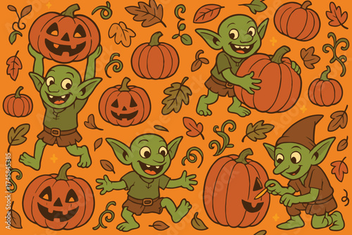 Playful green goblins and carved jack o lantern pumpkins with autumn leaves on orange background