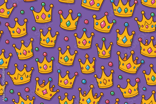 Seamless pattern of colorful cartoon crowns with jewels on a purple background