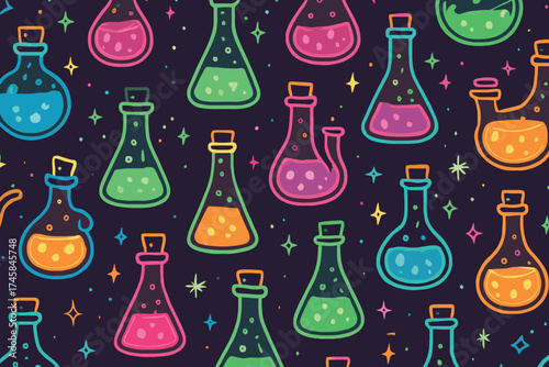Seamless pattern of colorful potion bottles with glowing magical liquids and stars on a dark background