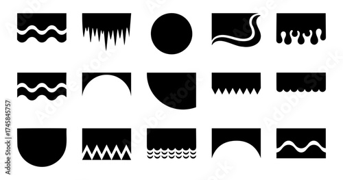 Vector collection of fifteen black silhouette shapes on a white background layout