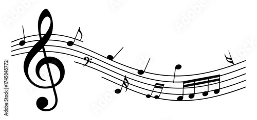 Vector illustration of a musical score with a treble clef and various music notes