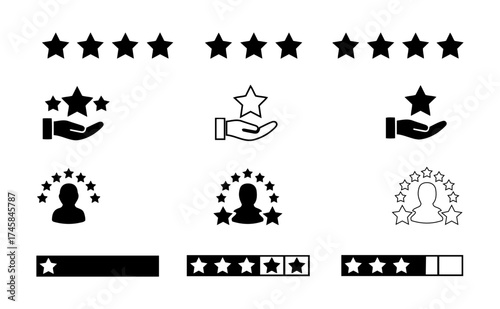 Vector illustration of rating symbols including stars hands and people with stars around