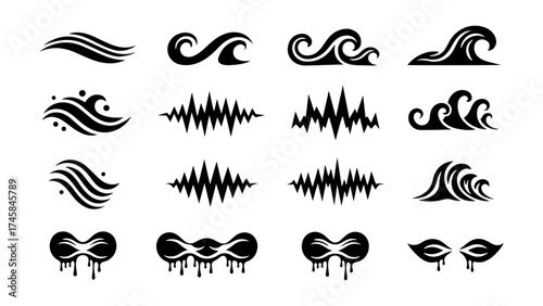 Vector collection of sixteen black and white wave and sound wave inspired designs