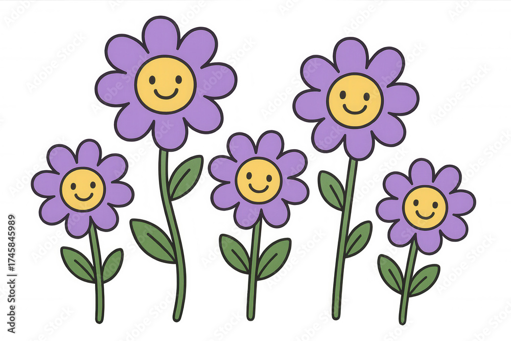 Naklejka premium Purple cartoon flowers with smiley faces doodle illustration, a joyful and cheerful blossom design on transparent background
