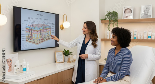 Female dermatologist explains skin health to patient in modern skincare clinic