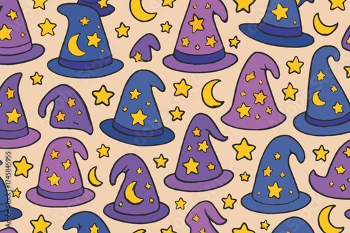 Whimsical pattern of colorful wizard hats with stars and moons for halloween or magic themes