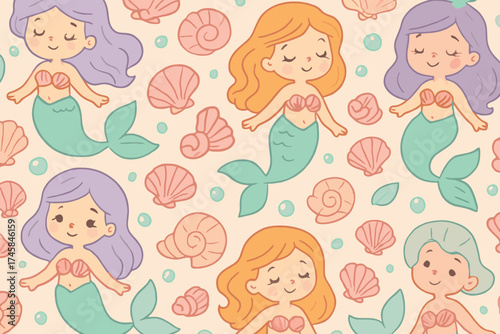 Charming seamless pattern of cute cartoon mermaids and seashells in pastel colors