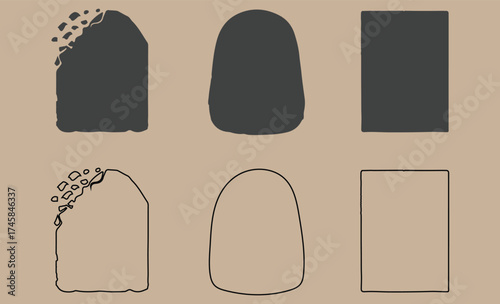 Three simple shapes in silhouette and outline on a textured background