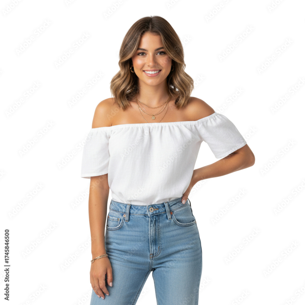 Obraz premium Confident young woman with a radiant smile, dressed in a stylish off-the-shoulder top and jeans, posing with her hand on her hip exuding casual elegance and modern style