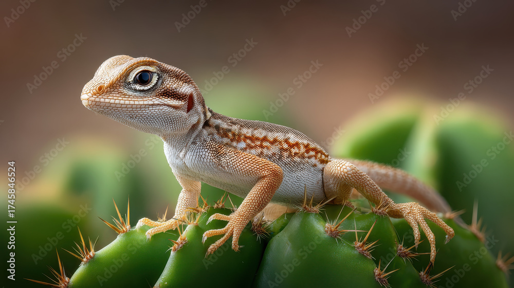 Obraz premium Baby lizard with textured skin and large eye perched on green cactus with sharp spines in natural outdoor environment, showing reptile detail and desert habitat beauty