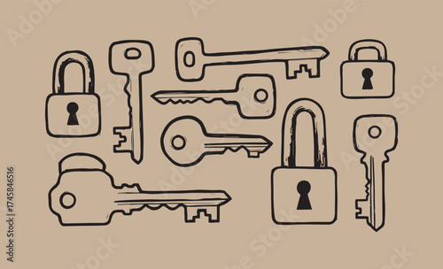Collection of hand drawn vintage keys and padlocks on a textured background