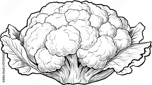Hand drawn sketch illustration of a whole cauliflower vegetable.