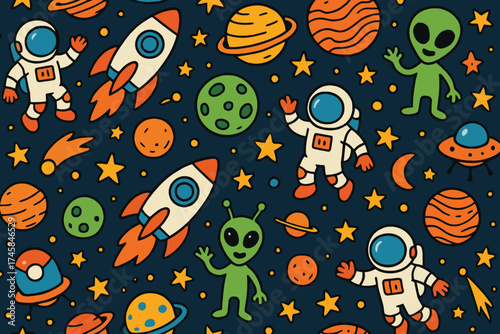 Whimsical space pattern featuring astronauts aliens rockets planets stars and ufos