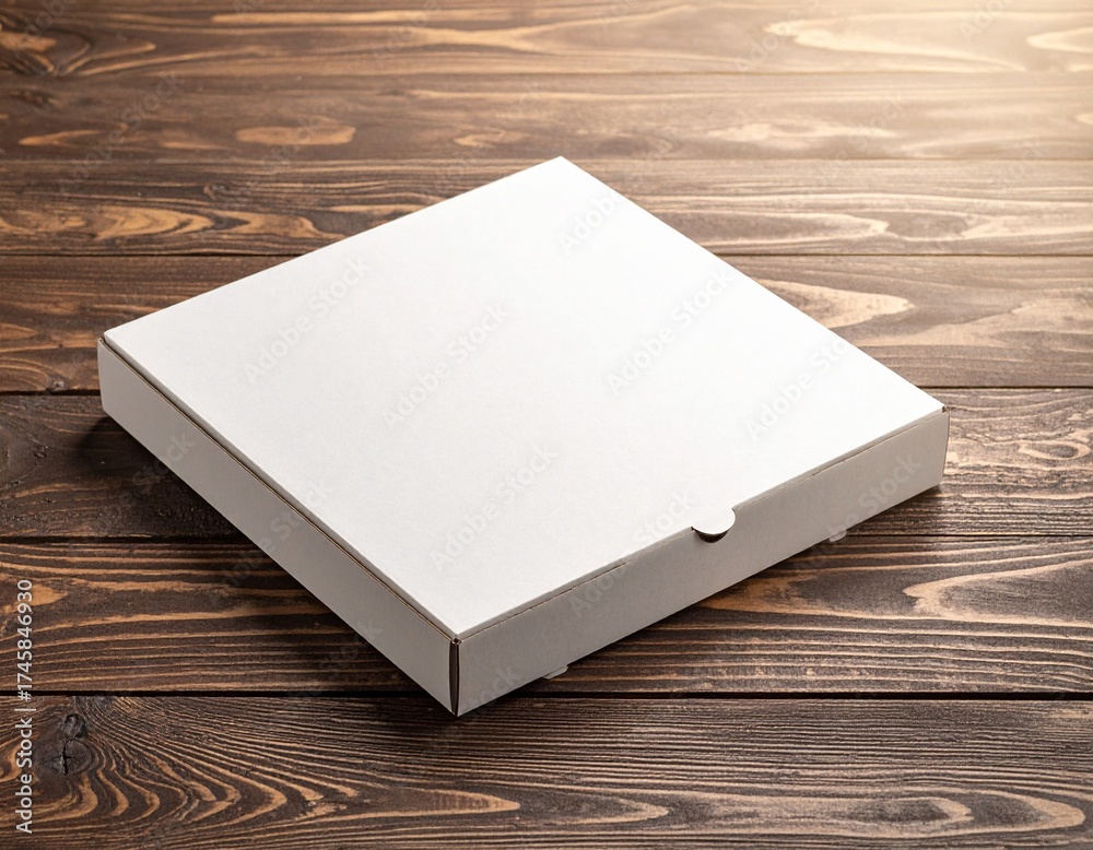 Fototapeta premium White pizza box closed on a rustic wooden table surface