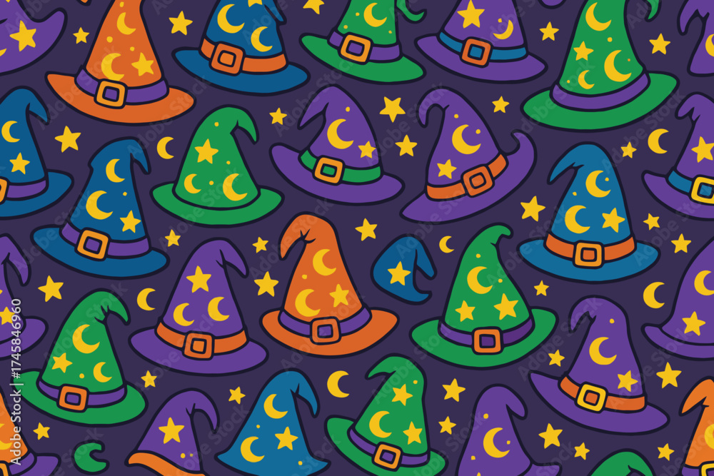 Naklejka premium Whimsical halloween witch hats pattern with stars and moons on a dark background