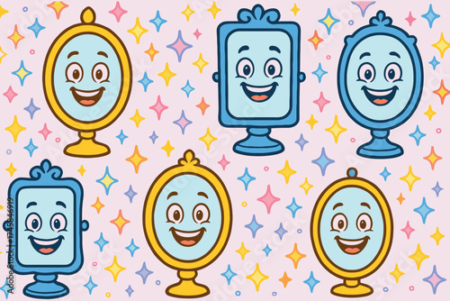Six cartoon mirrors with happy faces and colorful sparkle background