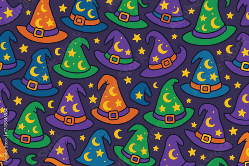 Whimsical halloween witch hats pattern with stars and moons on a dark background