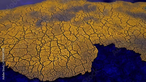 Golden cracked earth stretches across the frame, creating a dramatic dry landscape. Deep crevices emphasize the texture, while a bold contrast between the parched surface and dark blue background adds