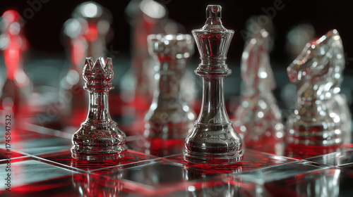 Elegant Glass Chess Pieces on Reflective Red Chessboard
