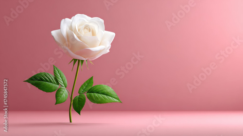 White rose flower with green leaves on pink background, symbolizing purity and elegance with soft lighting creating calm and delicate atmosphere