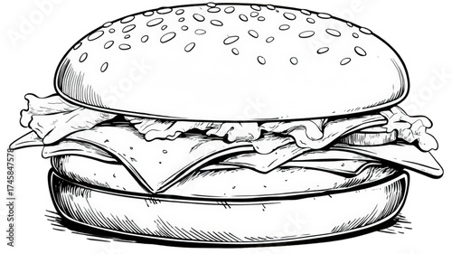Hand drawn vintage style illustration of a classic American cheeseburger.