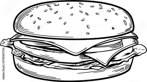 Hand drawn classic cheeseburger with sesame seed bun.