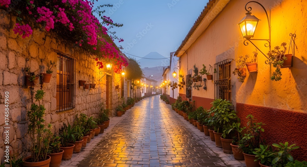 Obraz premium Charming colonial alley at dusk with glowing lanterns, stone and yellow walls, cobblestone path, potted plants, and mountain view, capturing the tranquil and romantic ambiance of a Latin American town