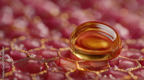 Golden Oil Drop Resting on Textured Pink Surface
