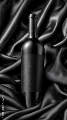 Elegant black wine bottle on silky dark background

