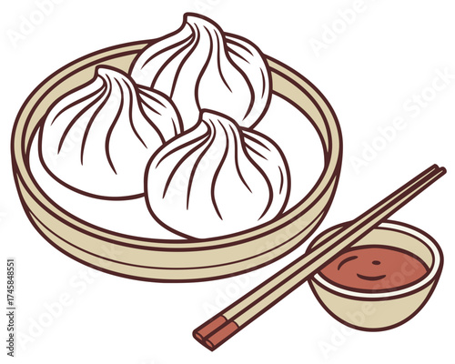 Dumplings in bamboo steamer with dipping sauce and chopsticks  