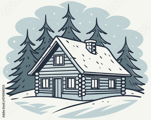 Cozy log cabin surrounded by snow-covered pine trees in winter  