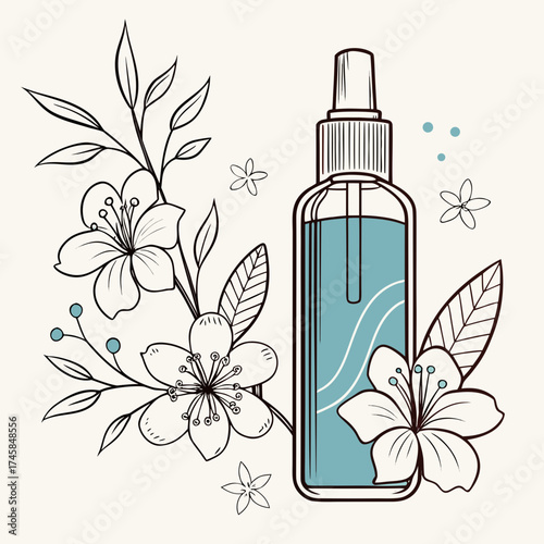 A bottle of massage oil with floral elements
