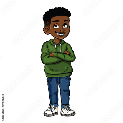 Cartoon vector illustration of black boy standing confidently with folded arms, wearing jeans, a green hoodie, and sneakers. Perfect for children’s books, education, and character design.