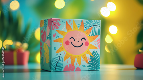 Bright cheerful gift box with smiling sun illustration

