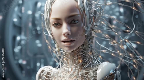 Artificial intelligence. Girl - robot with wires attached to the back of the head. Beautiful female robot face. Cyborg connected to the network with cables. Light color video. The future of humanity