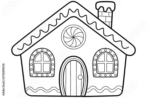 Gingerbread house isolated on white background for coloring page
